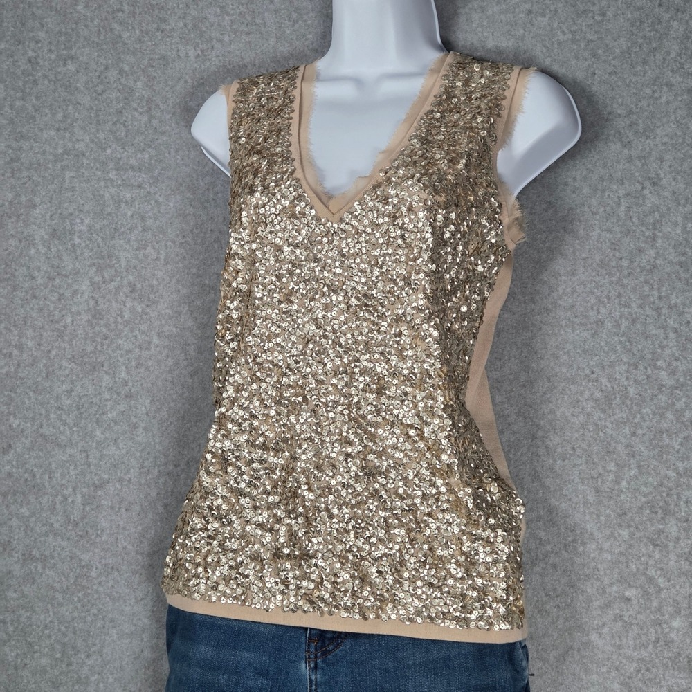 J.Crew Women Medium Sequin‎ Merino Wool V Neck Sleeveless Top Tan Y2K 2008 Tank